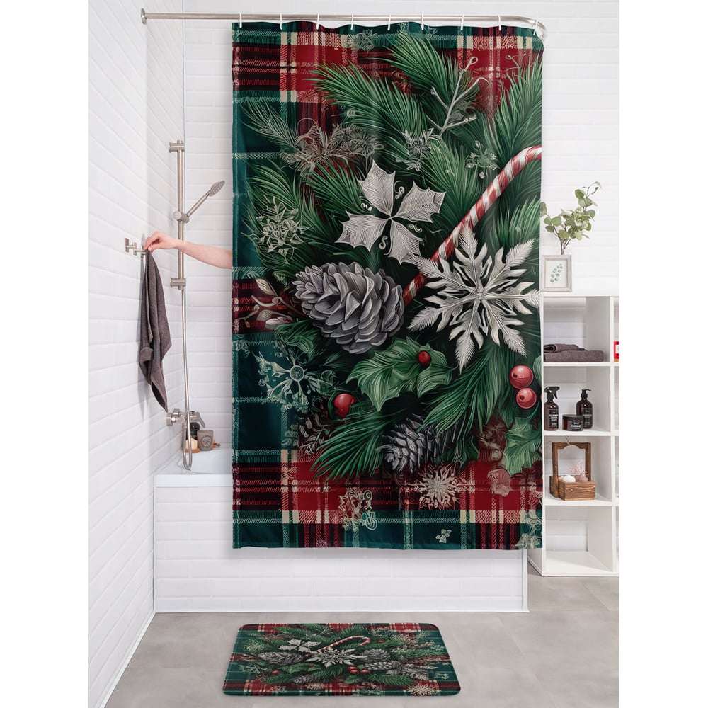 Изображение товара Штора занавеска для ванной тканевая JOYARTY Снежинки в иголках 180x200 см серия Новый год