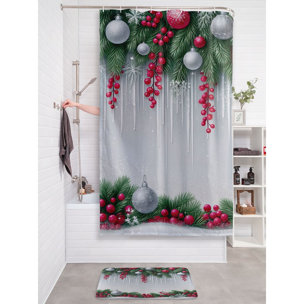 Изображение товара Штора занавеска для ванной тканевая JOYARTY Сосульки в ели 180x200 см новогодняя серия