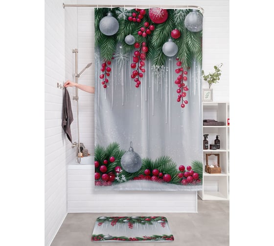 Изображение товара Штора занавеска для ванной тканевая JOYARTY "Сосульки в ели" 180x200 см, серия Новый год и Рождество sc_sd3953