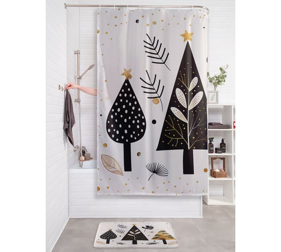Изображение товара Штора занавеска для ванной тканевая JOYARTY "Стройные елочки" 180x200 см, серия Новый год и Рождество sc_sd4006