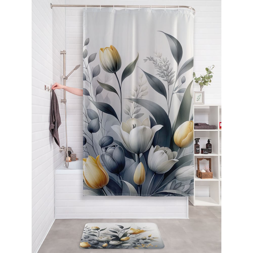 Изображение товара Штора для ванной JOYARTY 180x200 см тканевая с цветочным рисунком Тюльпаны