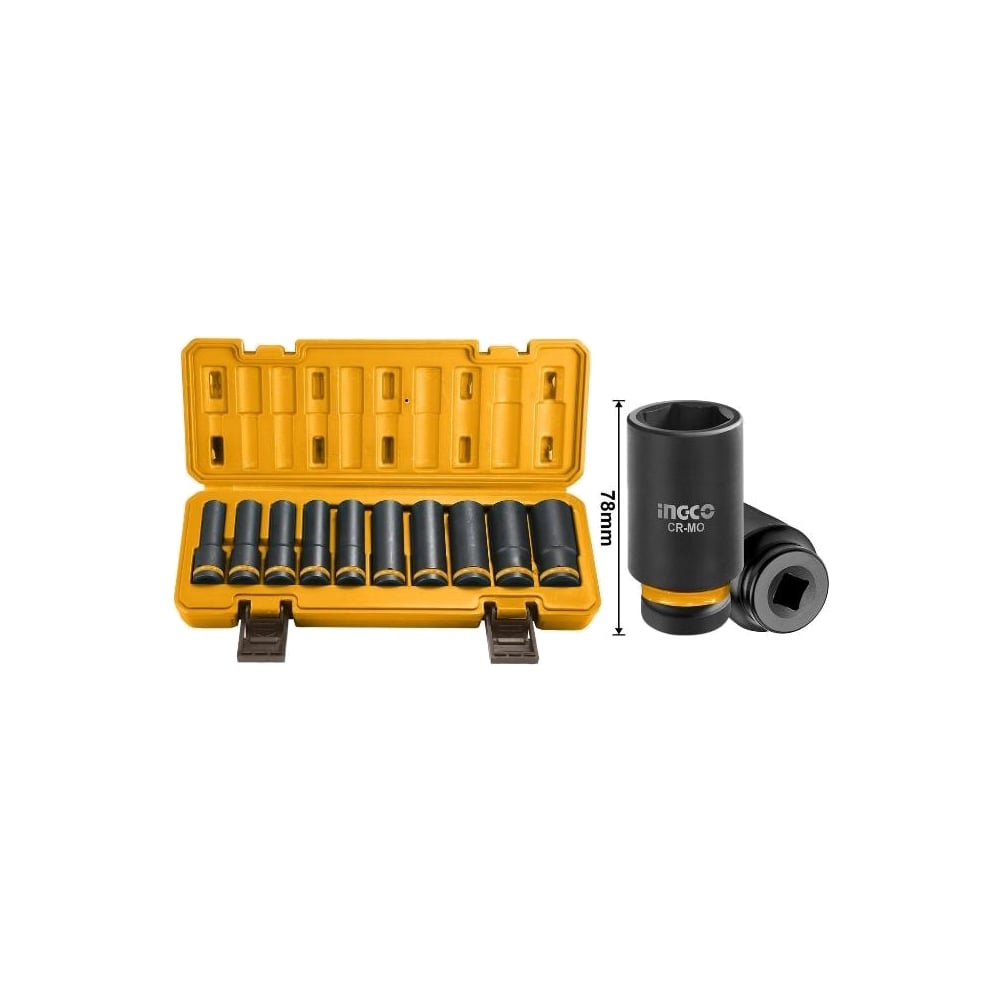 Изображение товара Набор торцевых ударных удлинённых головок INDUSTRIAL (10 шт; 10-24 мм; 1/2) INGCO HKISSD12102L