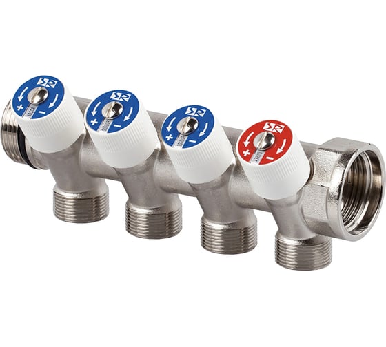 Изображение товара Распределительный коллектор со встроенными клапанами SR Rubinetterie 1"х1/2", на 4 выхода 0054-2500N400