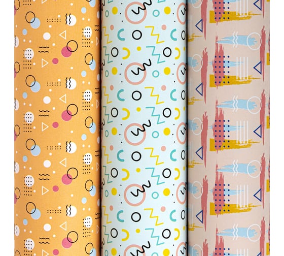 Изображение товара Упаковочная мелованная бумага Золотая сказка 3 шт., Memphis, 70х100 см, 3 дизайна 592067