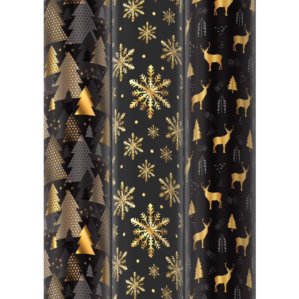 Изображение товара Новогодняя упаковочная бумага Золотая сказка 3 шт., 70x100 см, черный и желтый дизайн