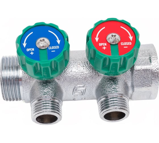 Изображение товара Коллектор с регулирующими клапанами SantechSystems 1", 2 выхода под плоское уплотнение 1/2" н/р, межосевое расстояние между выходами 45мм 129-8675