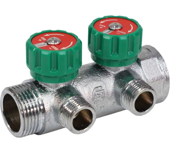 Изображение товара Коллектор с регулирующими клапанами SantechSystems 1", 2 выхода под плоское уплотнение 1/2" н/р, межосевое расстояние между выходами 45мм 129-8675