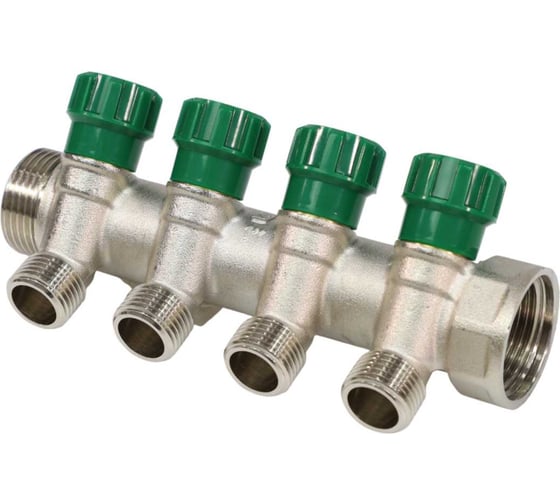 Изображение товара Коллектор с регулирующими клапанами SantechSystems 1", 4 выхода под плоское уплотнение 1/2" н/р, межосевое расстояние между выходами 36мм 129-9350