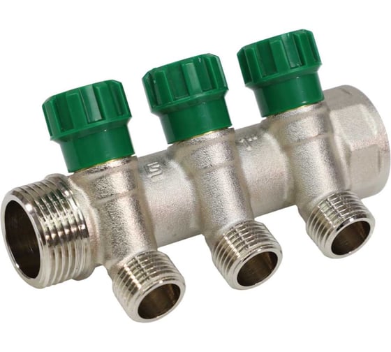 Изображение товара Коллектор с регулирующими клапанами SantechSystems 1", 3 выхода под плоское уплотнение 1/2" н/р, межосевое расстояние между выходами 36мм 129-9349