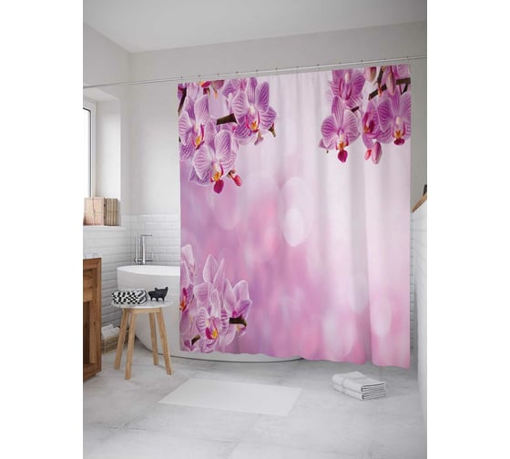 Изображение товара Штора (занавеска) для ванной JoyArty "Облачные орхидеи" из сатена, 180х200 см с крючками, sc_16364