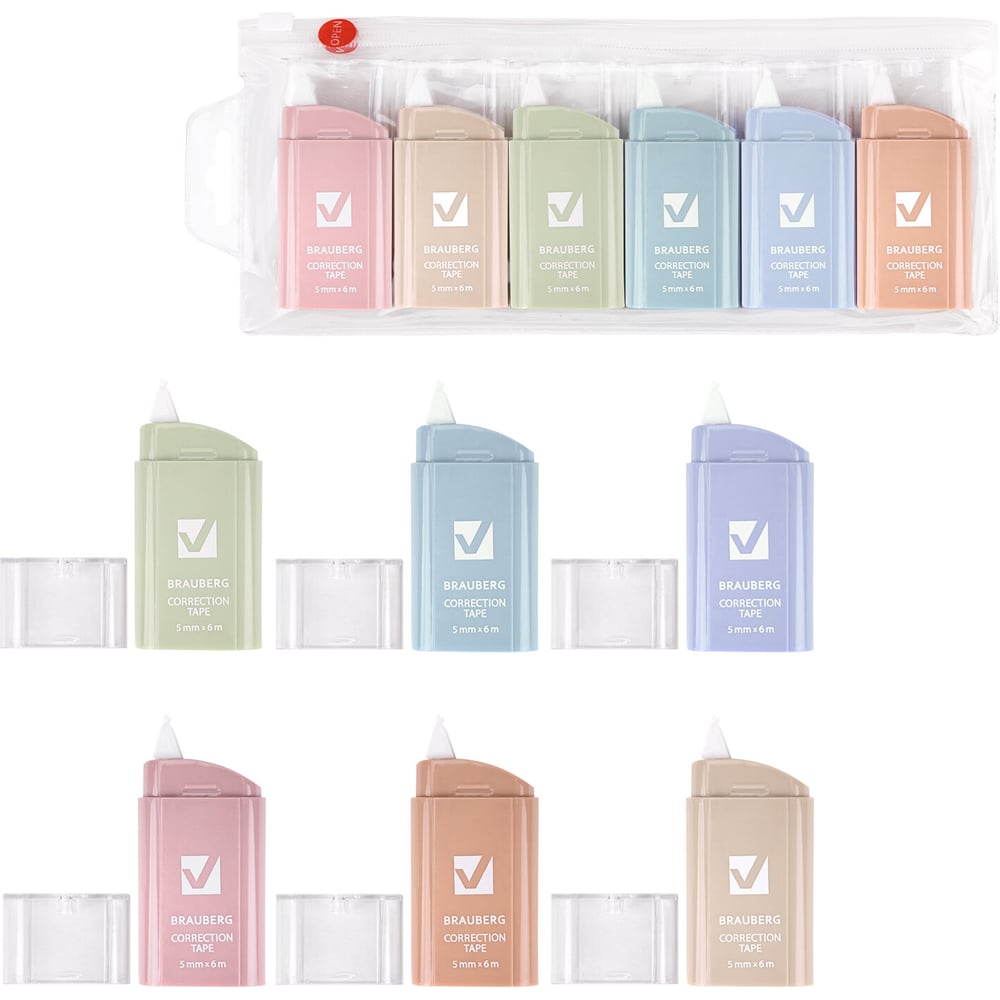 Корректирующая лента BRAUBERG Compact Pastel, 5 мм х 6 м, комплект 6 штук, пенал с zip-lock, 272496
