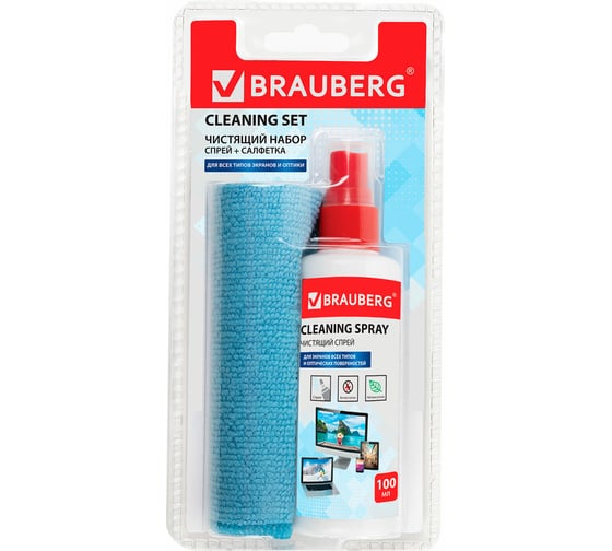 Изображение товара Чистящий набор для экранов всех типов и оптики BRAUBERG комплект салфетка и спрей 100 мл, ВБ, 881121