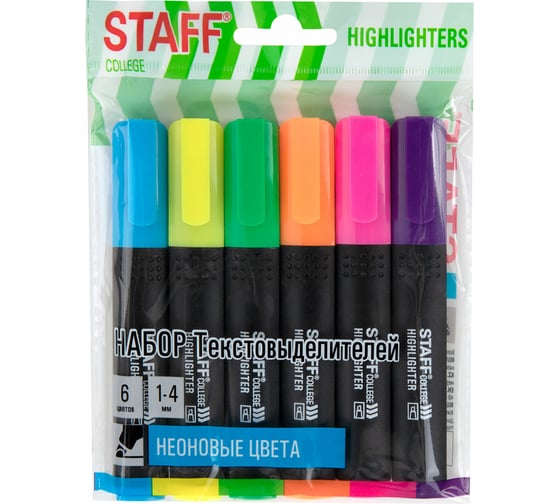 Изображение товара Набор текстовыделителей Staff 6 неоновых цветов, ассорти, College Stick Neon, линия письма 1-4 мм, скошенный наконечник, 152534