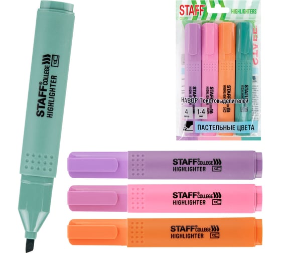 Изображение товара Набор текстовыделителей Staff 4 пастельных цвета, ассорти, College Stick Pastel, линия письма 1-4 мм, скошенный наконечник, 152531