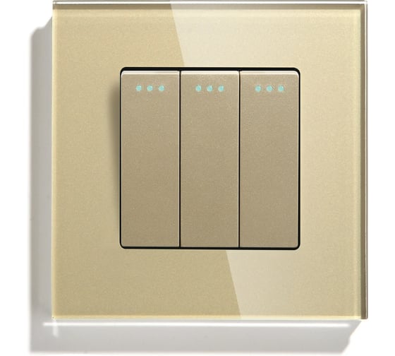 Изображение товара Выключатель Vell золотой, трехклавишный, 1 пост, стеклянная рамка 1369738