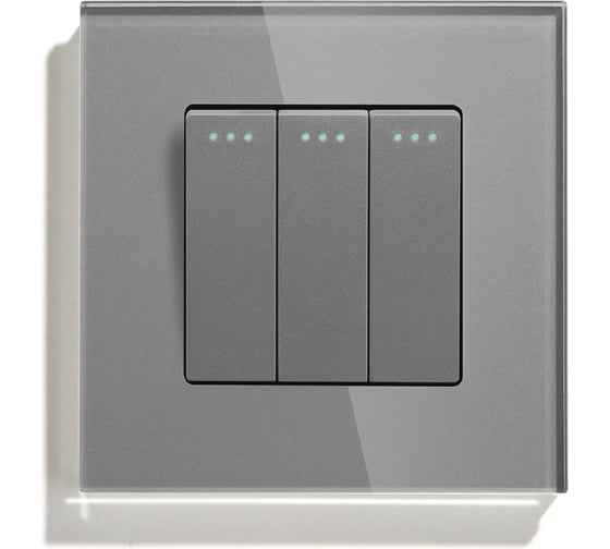 Изображение товара Выключатель Vell серый, трехклавишный, 1 пост, стеклянная рамка 1369739