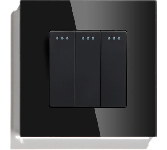 Изображение товара Выключатель Vell черный, трехклавишный, 1 пост, стеклянная рамка 1369737