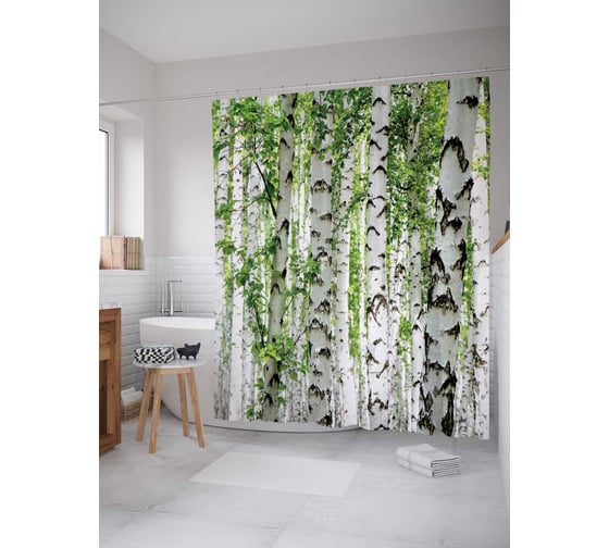 Изображение товара Штора (занавеска) для ванной JoyArty "Березы умиляют" из сатена, 180х200 см с крючками, sc_16437