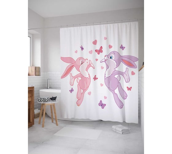 Изображение товара Штора (занавеска) для ванной JoyArty "Влюбленные кролики" из сатена, 180х200 см с крючками, sc_13605