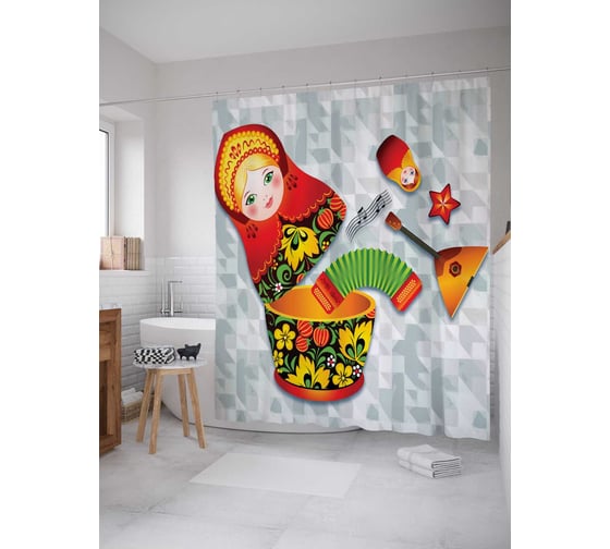 Изображение товара Штора (занавеска) для ванной JoyArty "Музыкальная матрешка" из сатена, 180х200 см sc_378767