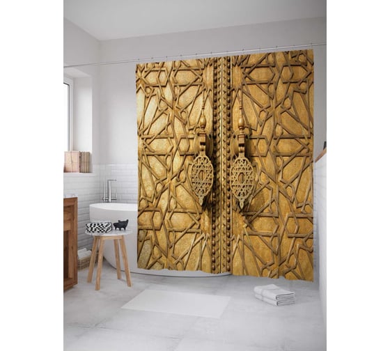 Изображение товара Штора (занавеска) для ванной JoyArty "Золотые врата" из сатена, 180х200 см с крючками, sc_12316