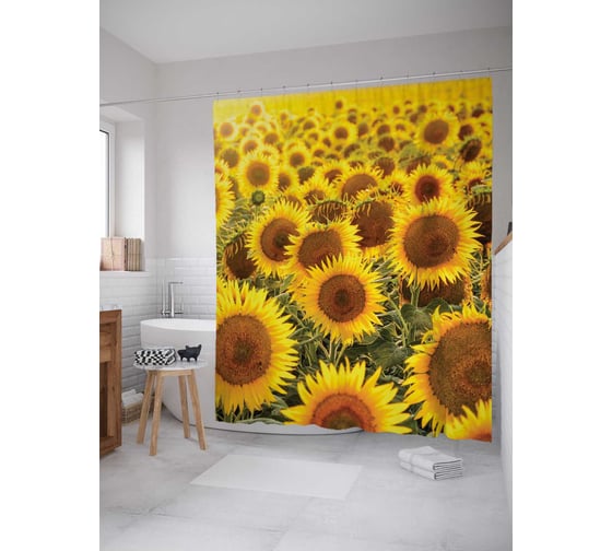 Изображение товара Штора (занавеска) для ванной JoyArty "Поле подсолнухов" из сатена, 180х200 см с крючками, sc_105983