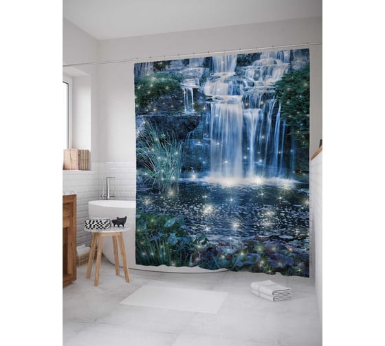 Изображение товара Штора (занавеска) для ванной JoyArty "Волшебство на водопаде" из сатена, 180х200 см с крючками, sc_18180
