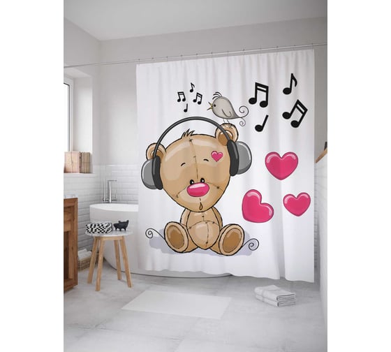 Изображение товара Штора (занавеска) для ванной JoyArty "Музыкальный мишка" из сатена, 180х200 см с крючками, sc_12667