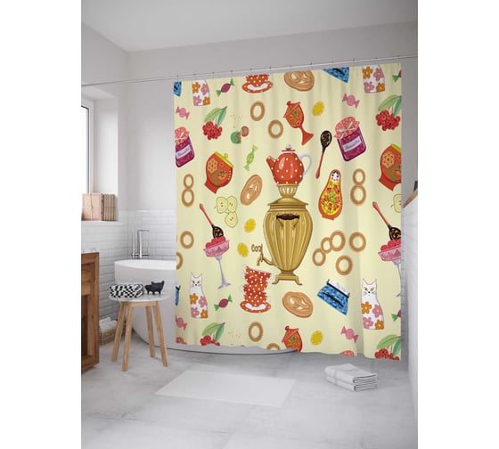 Изображение товара Штора (занавеска) для ванной JoyArty "Самовар и сладости" из сатена, 180х200 см sc_378772