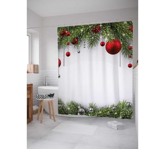 Изображение товара Штора (занавеска) для ванной JoyArty "Нарядные еловые лапы" из сатена, 180х200 см с крючками, sc_20072