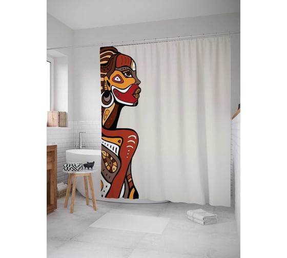 Изображение товара Штора (занавеска) для ванной JoyArty "Африканский бодиарт" из сатена, 180х200 см с крючками, sc_17561