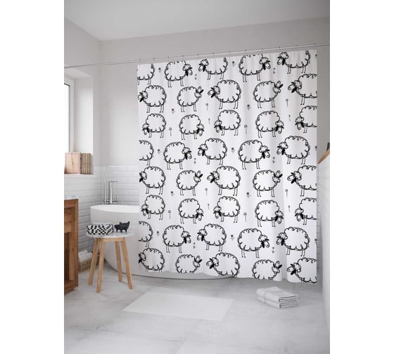 Изображение товара Штора (занавеска) для ванной JoyArty "Овечки на пастбище" из сатена, 180х200 см с крючками, sc_17955