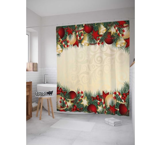 Изображение товара Штора (занавеска) для ванной JoyArty "Новогодние украшения" из сатена, 180х200 см с крючками, sc_18943