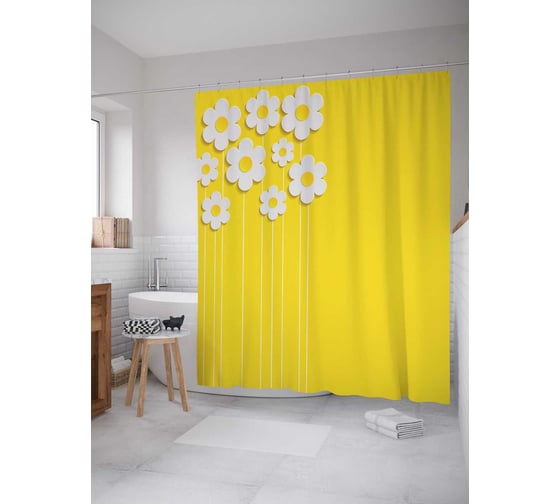 Изображение товара Штора (занавеска) для ванной JoyArty "Милые ромашки" из сатена, 180х200 см с крючками, sc_17408