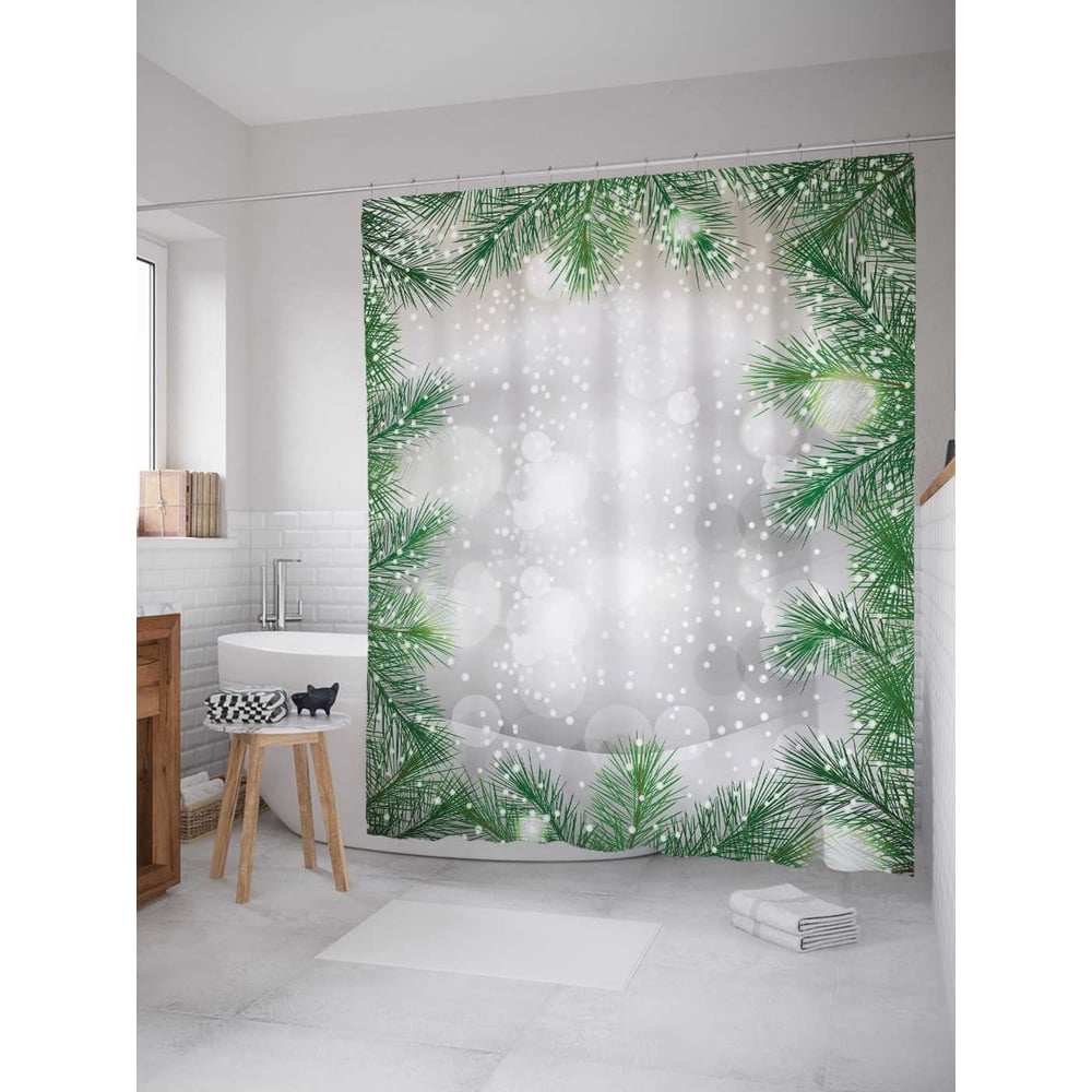 Шторка-занавеска для ванной JOYARTY сияющая фреска новогодний снегирь