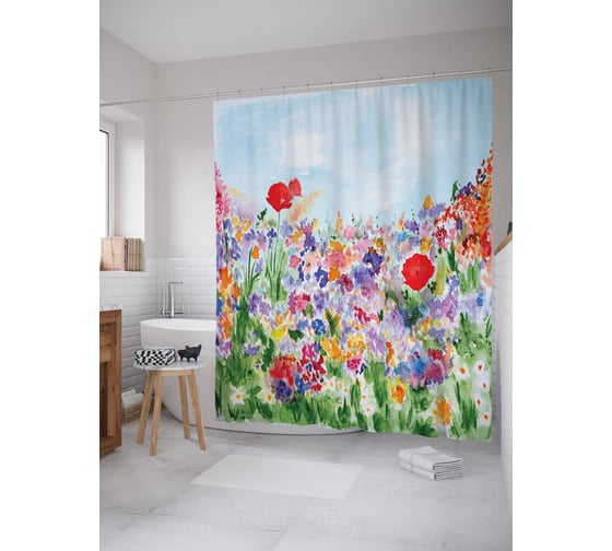 Изображение товара Штора (занавеска) для ванной JoyArty "В поисках вдохновения" из сатена, 180х200 см с крючками, sc_14552