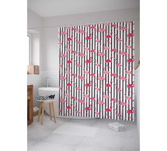 Изображение товара Штора (занавеска) для ванной JoyArty "Смелые фламинго" из сатена, 180х200 см с крючками, sc_17946