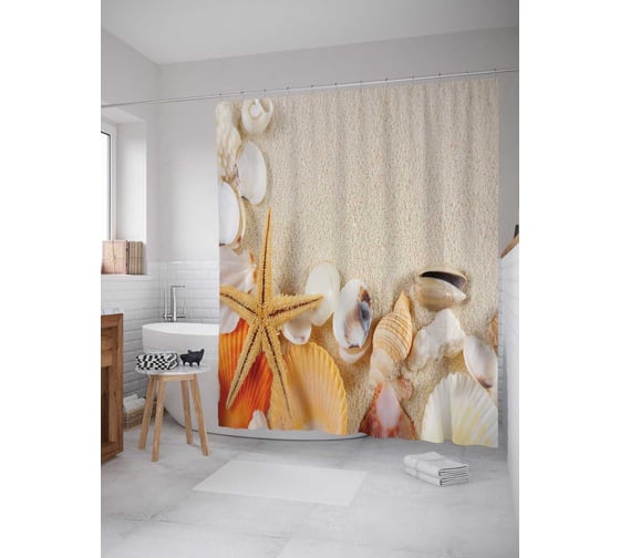 Изображение товара Штора (занавеска) для ванной JoyArty "Собранные ракушки" из сатена, 180х200 см с крючками, sc_11810