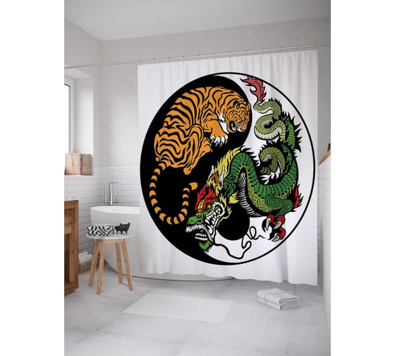 Изображение товара Штора (занавеска) для ванной JoyArty "Тигр и дракон" из сатена, 180х200 см с крючками, sc_17926