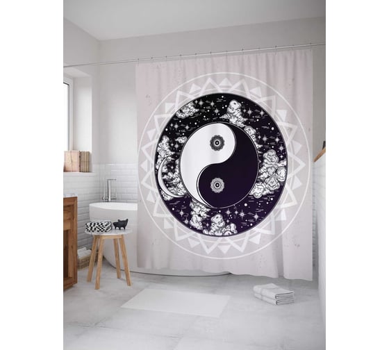 Изображение товара Штора (занавеска) для ванной JoyArty "Ночной ИНЬ-ЯНЬ" из сатена, 180х200 см с крючками, sc_17339