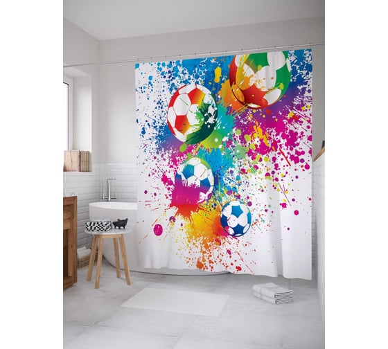 Изображение товара Штора (занавеска) для ванной JoyArty "Радужный футбол" из сатена, 180х200 см с крючками, sc_17309