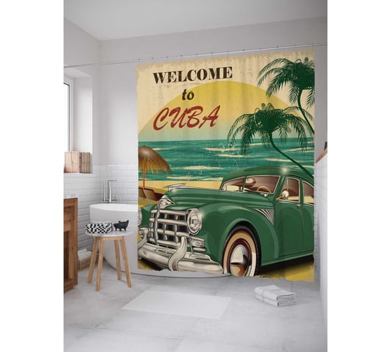 Изображение товара Штора (занавеска) для ванной JoyArty "Добро пожаловать на кубу" из сатена, 180х200 см с крючками, sc_15596