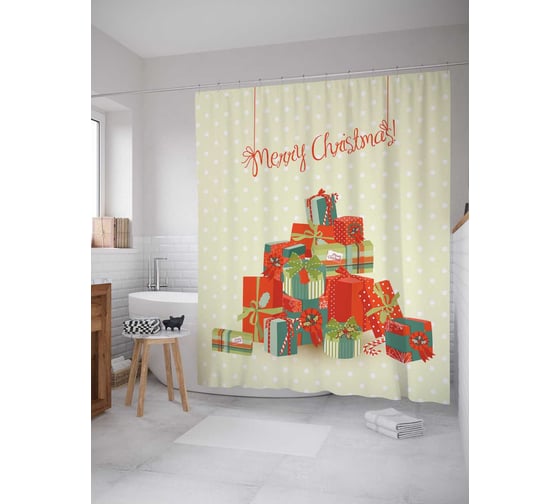 Изображение товара Штора (занавеска) для ванной JoyArty "Гора с подарками" из сатена, 180х200 см sc_378755