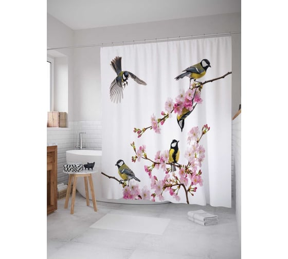 Изображение товара Штора (занавеска) для ванной JoyArty "Мечтательные синички" из сатена, 180х200 см с крючками, sc_14283