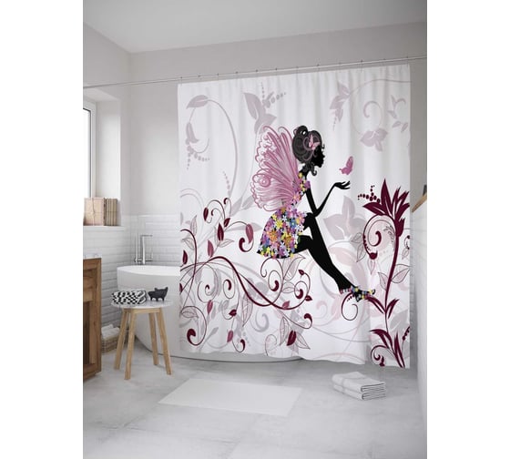 Изображение товара Штора (занавеска) для ванной JoyArty "Задумчивая фея" из сатена, 180х200 см с крючками, sc_11955