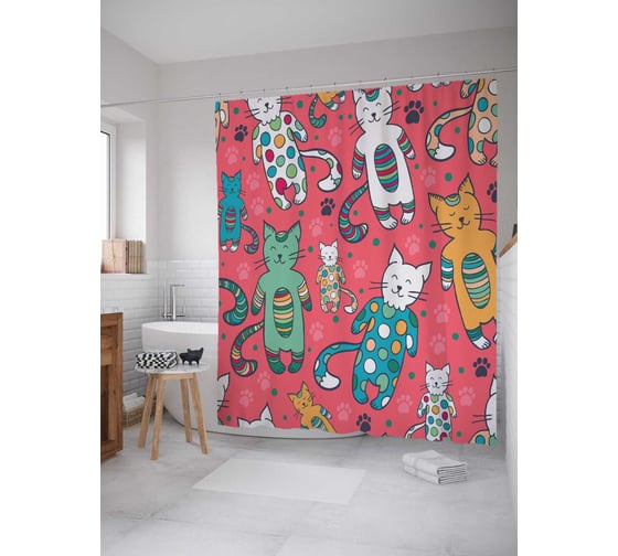 Изображение товара Штора (занавеска) для ванной JoyArty "Коты в пижамах" из сатена, 180х200 см с крючками, sc_1190