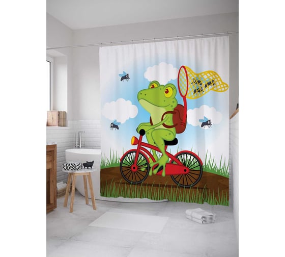 Изображение товара Штора (занавеска) для ванной JoyArty "Лягушка с сачком на велосипеде" из сатена, 180х200 см с крючками, sc_15252