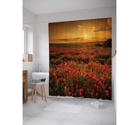 Изображение товара Штора (занавеска) для ванной JoyArty "Прогулка между маков" из сатена, 180х200 см с крючками, sc_11913