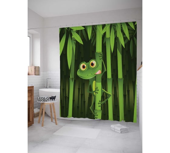 Изображение товара Штора (занавеска) для ванной JoyArty "Голодная лягушка на бамбуке" из сатена, 180х200 см с крючками, sc_15255