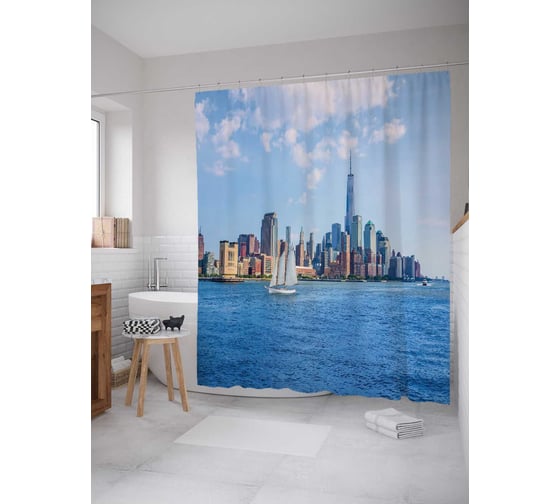 Изображение товара Штора (занавеска) для ванной JoyArty "В городе с парусами" из сатена, 180х200 см с крючками, sc_11708